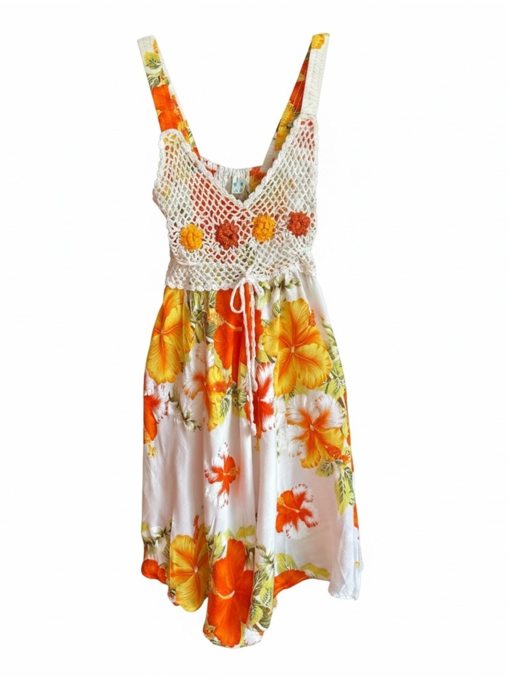 NWOT COJ Apparels Tropical Hibiscus Sundress w/ Crochet Eyelet Bust Multi S
